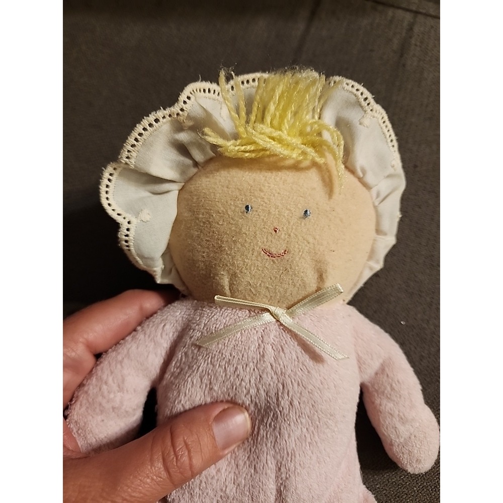 Vintage Eden Pink Terrycloth Plush Baby Doll Blond Yarn Hair Blue Eyes 10"